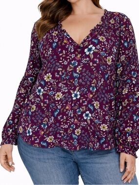 Lane Bryant floral pattern Maroon flowy long sleeve V neck blouse SZ 18/20